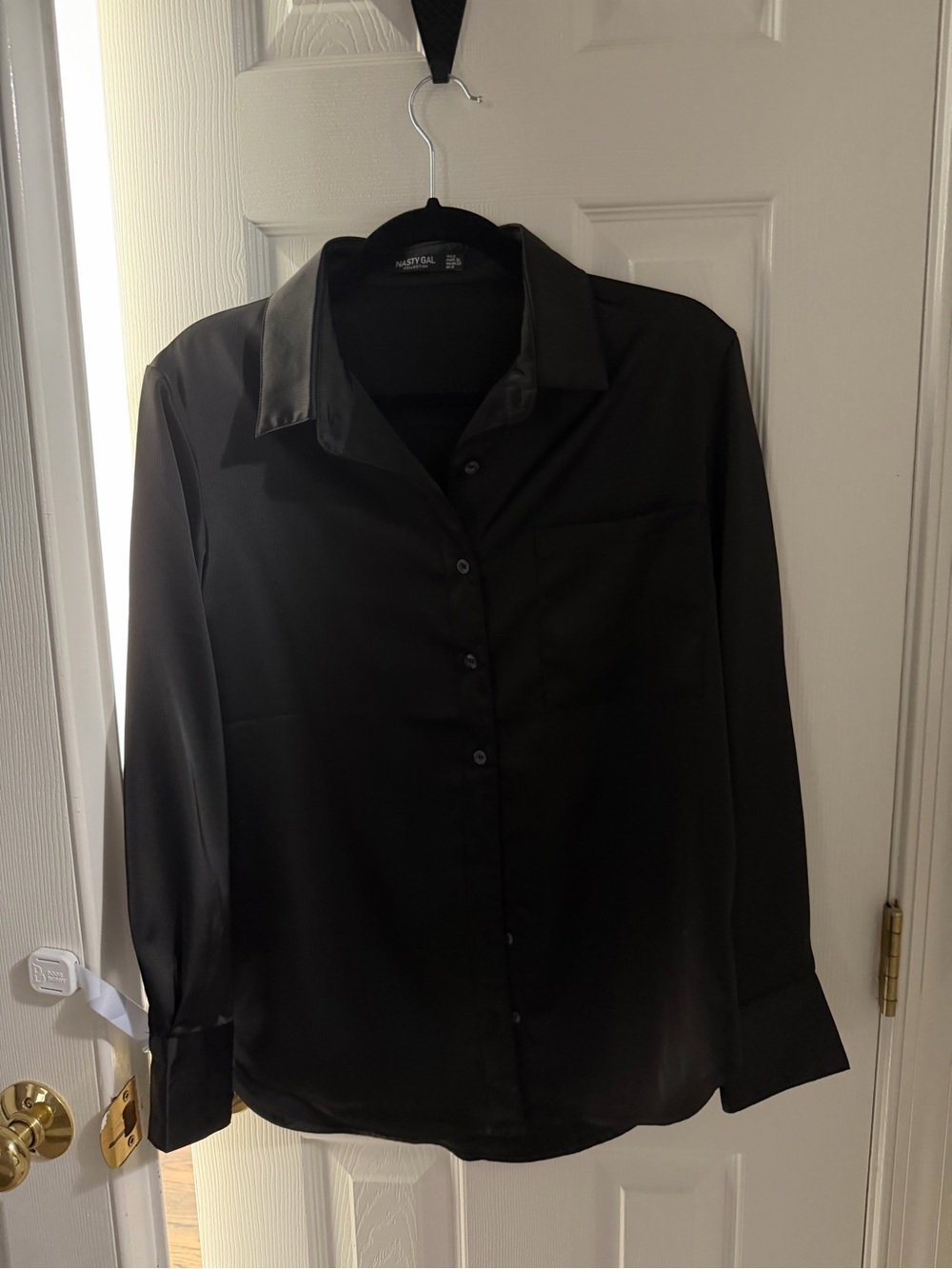 Satin Black Long-Sleeve Button-Up Shirt